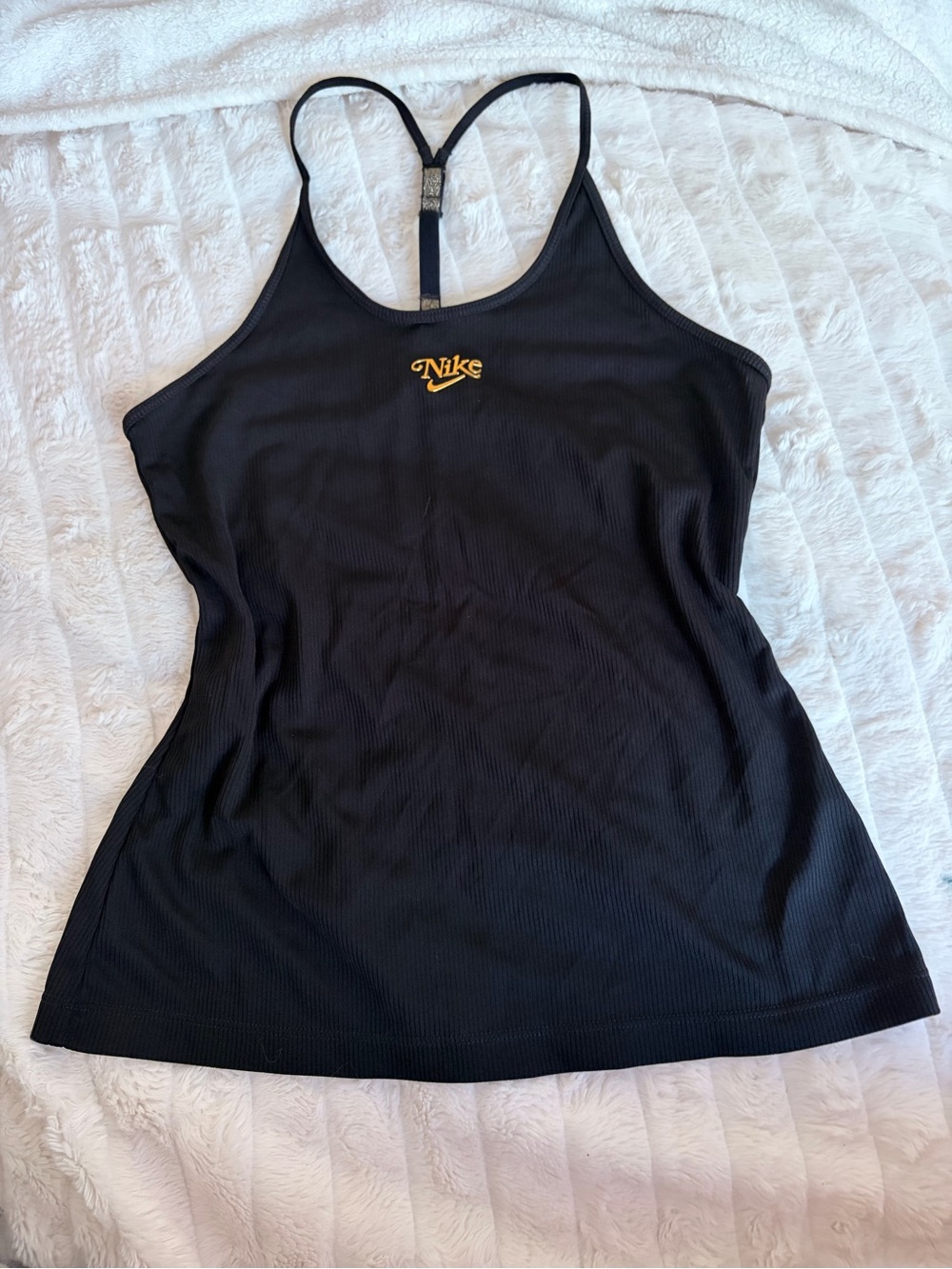 Nike Black Ribbed Slim Racerback Tank with Gold Nike Script